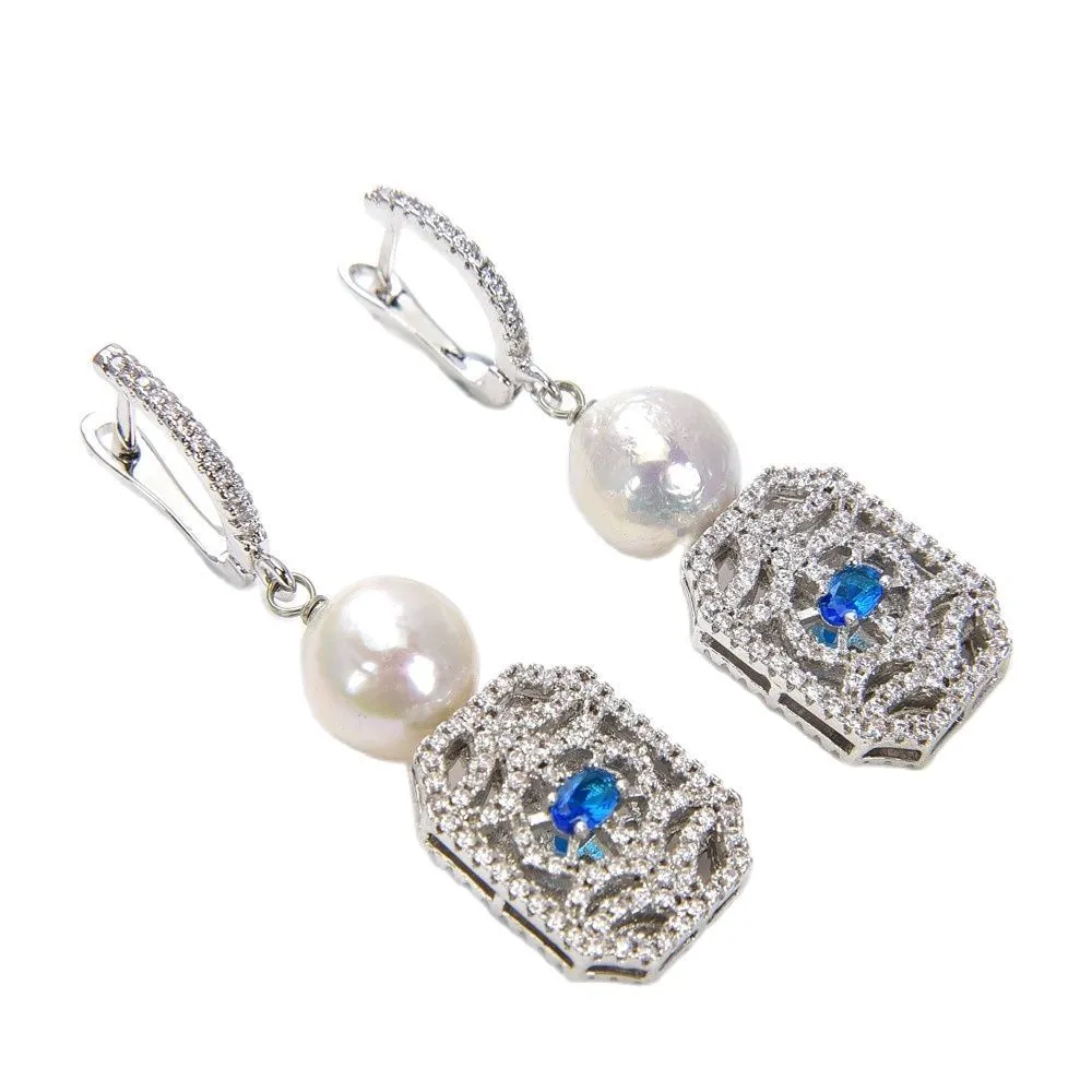 JK Blue 9-10MM White Round Keshi Pearl CZ Connector Earrings