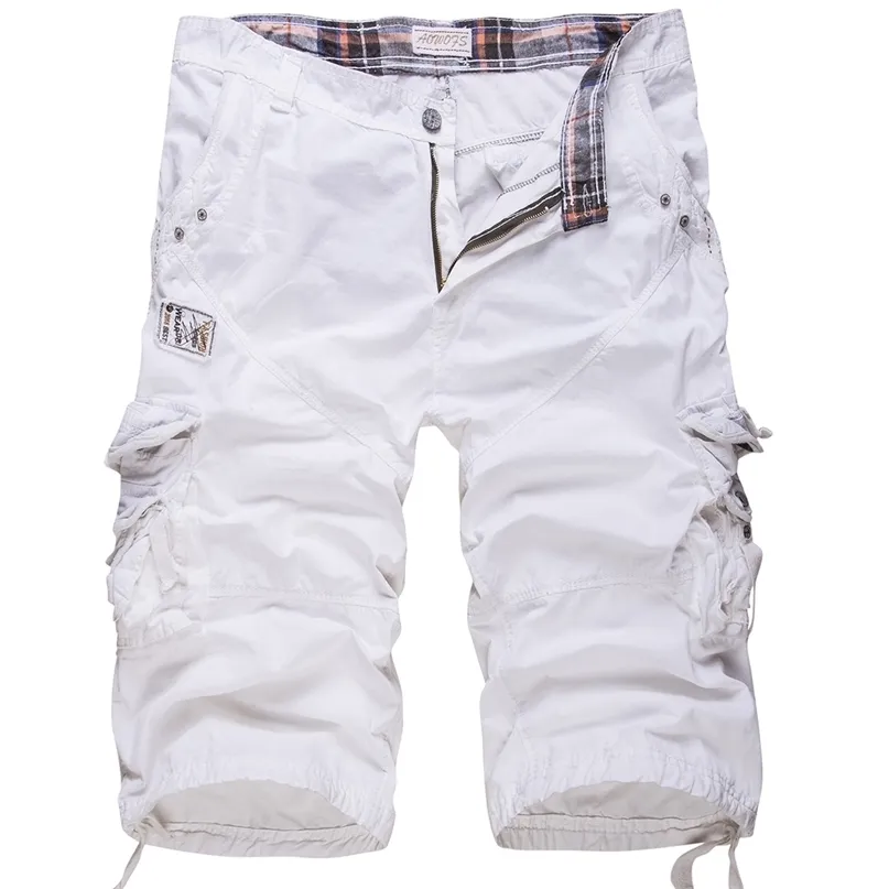 Pantalones cortos de carga de gran tamaño sueltos de algodón táctico casual color sólido patchwork militar blanco longitud de la rodilla 210712
