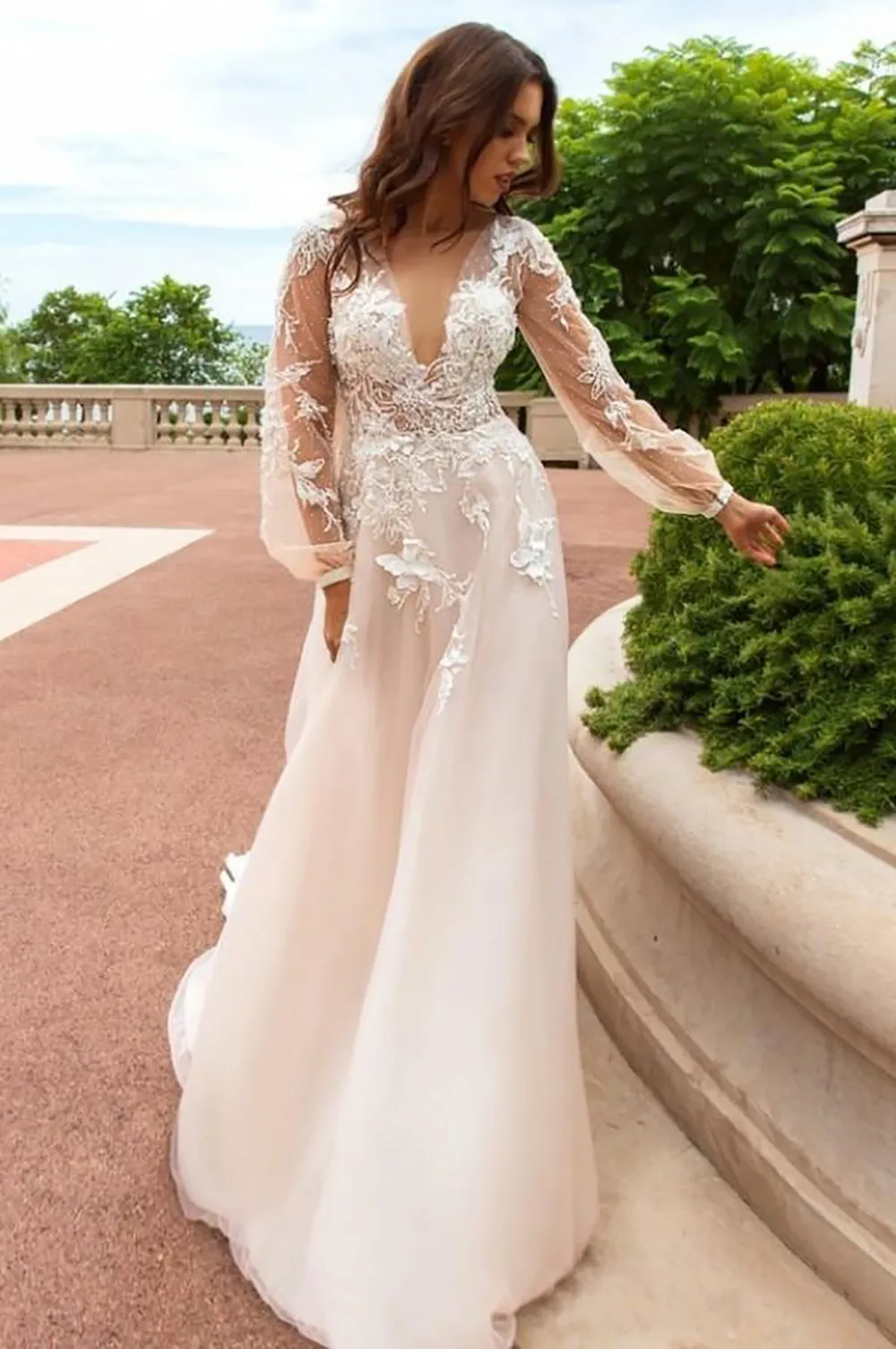Blush Lace Applique Deep v wedding dress with Long Sleeves, Deep V-Neckline, and Illusion Estido - Customizable Plus Size A-Line Tulle Bridal Gown for