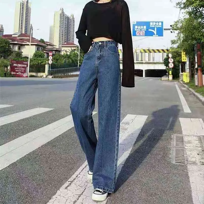 Frauen Jeans für Harajuku Denim Harem Hosen Hohe Taille Damen Breite Bein Blau Koreanische Stil All-match Volle Länge 210708
