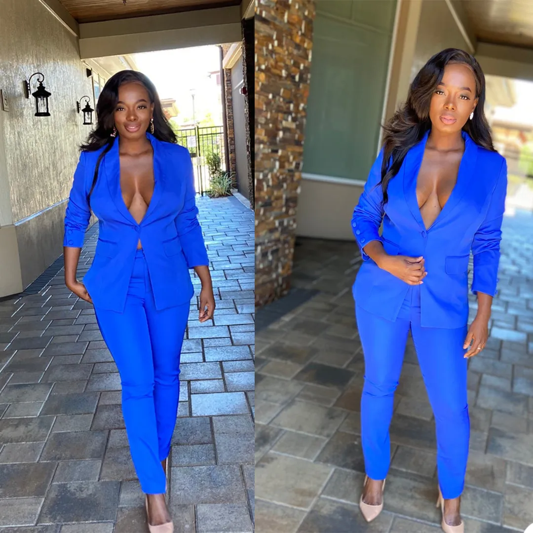 Royal Blue Frauen Blazer Anzüge Sexy V-ausschnitt Slim Fit Formale Büro Dame Hosen Anzug Prom Party Hochzeit jacke pants253d