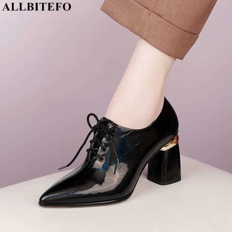 ALLBITEFO size 34-41 thick heel Iridescent genuine leather women heels shoes cross tied fashion walking basic shoes high heels 210611