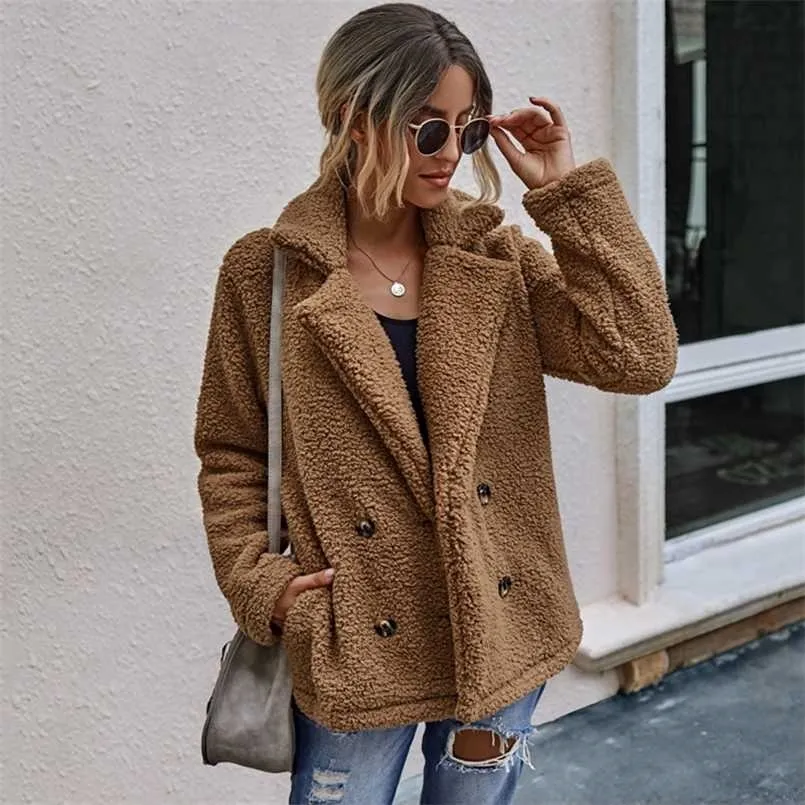 Höst Teddy Coat Kvinnor Faux Fur Kvinna Tjock Varm Plush Jacket Långärmad Vinter 211124