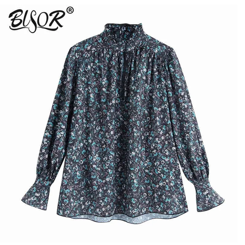 Women chic floral pattern print blouse ruffed collar long flare sleeve office wear female casual shirt top blusas 210430