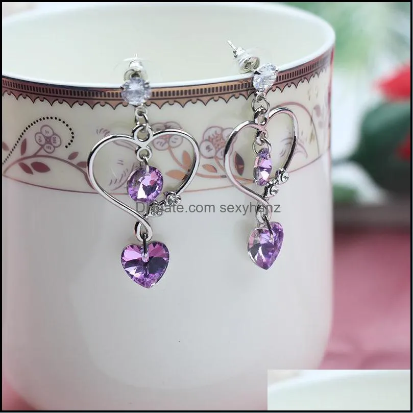 Hot Fashion Jewelry Women`s Crystal Earrings S925 Silver Pin Heart Stud Dangle Earrings S247