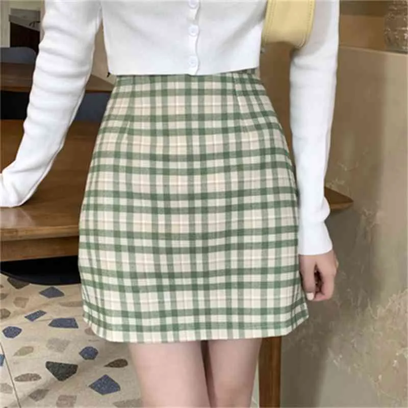 A-ligne Plaid Mode Causal Mince Simple Femme Femmes Collège Vent De Base Taille Haute Fille Mini Jupes 210522