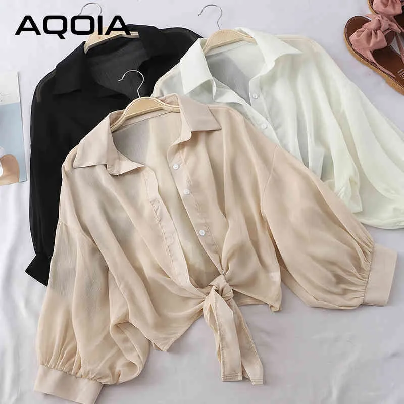 Sommar Transparent Lantern Sleeve Chiffon Loose Women T Shirts Button Up Ladies Shirt Lång elegant Kvinnlig Kläder 210521