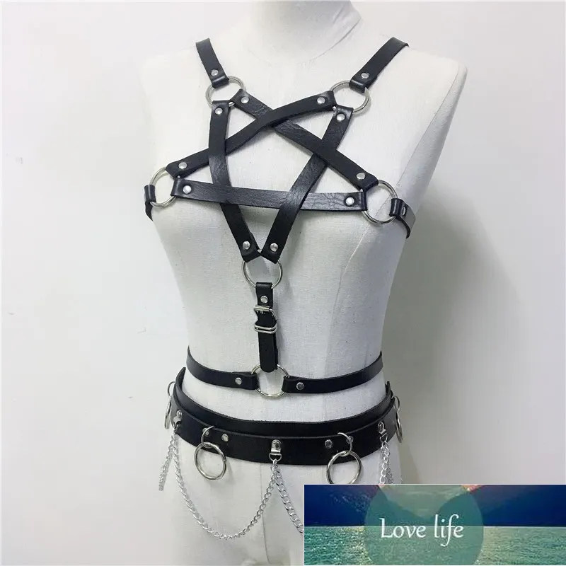 Punk Faux Leather 2 Piece Set Women Fashion Pentagram Crop Top Chain Harness Belt Rave Festival Party Two Piece Club Outfits Factory price expert design Quality