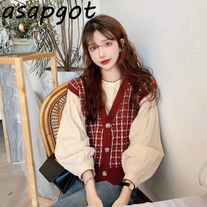 Casual O Neck Single-breasted Puff Sleeve Blouse Women Autumn Chic Loose Wild V Neck Red Plaid Knitted Vest Sweater Jacket Retro 210610