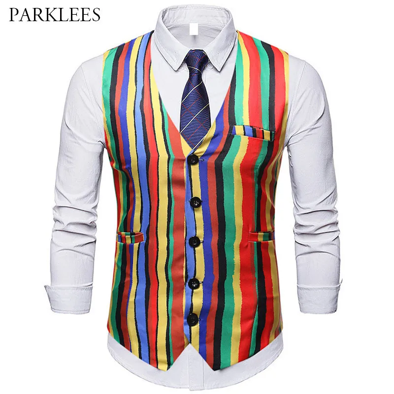 Colorful Rainbow Striped Men Vest Casual Slim Fit Vests for Men Wedding Party Stage Mens Dress Waistcoat Graffiti Gilet Male 210524