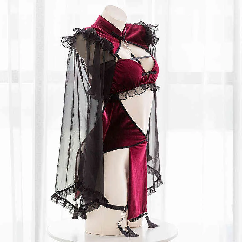 NXY sexy setGothique Punk Noir Rouge Dentelle Sexy Lingerie pour Femmes Maid Temptation Evil Demon Ouvert Entrejambe Cosplay Costumes Robe Dos Nu 1127