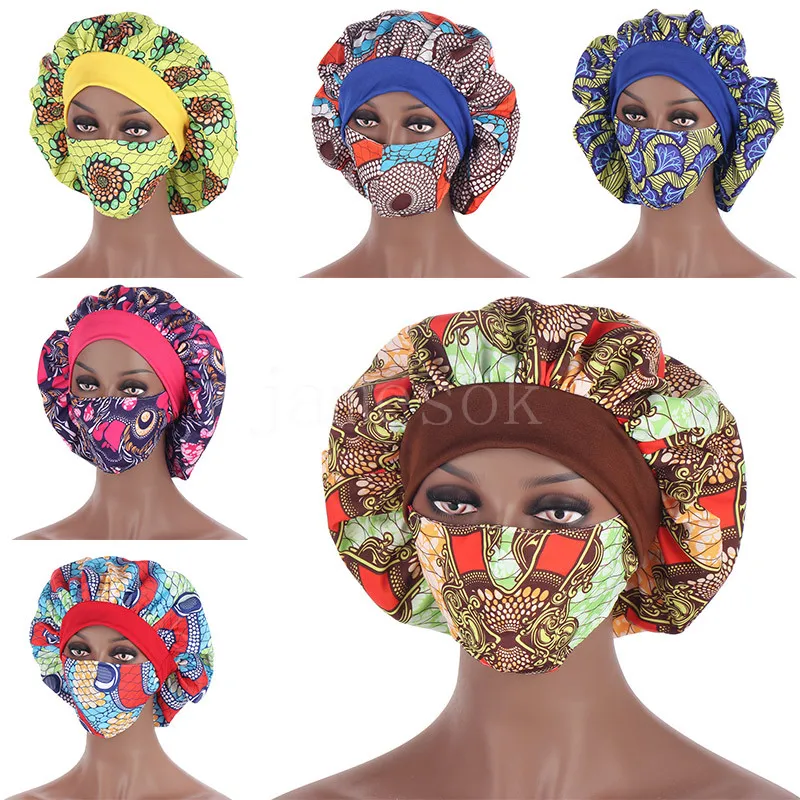African Pattern Print Satin Bonnet Hijabs Hats Women Night Sleep Cap with Mask Turban Extra Large Head Wear Lady Head Wrap Hat DD889
