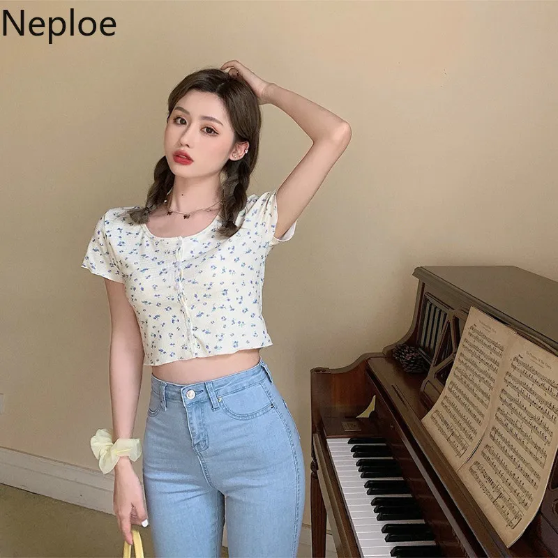 Neploe Knitted Floral Print T Shirts Women Sweet O Neck Buttons Short Sleeve Female Tops Summer Casual Slim Tees 1D006 210423