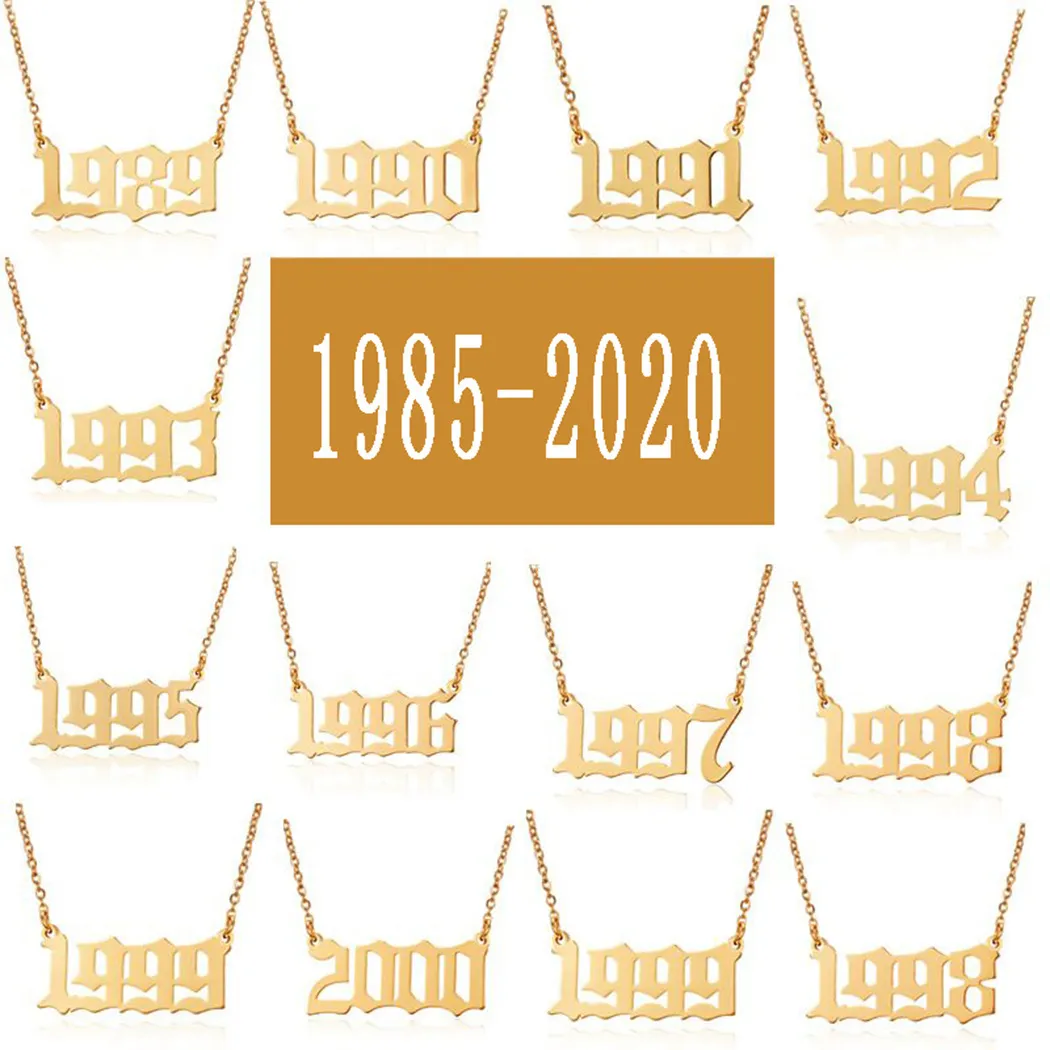 1980-2020 Ze Stali Nierdzewnej Rok urodzinowy Numer Naszyjnik Srebrny Złote Łańcuchy Początkowo Rok Naszyjnik Kobiety Moda Biżuteria