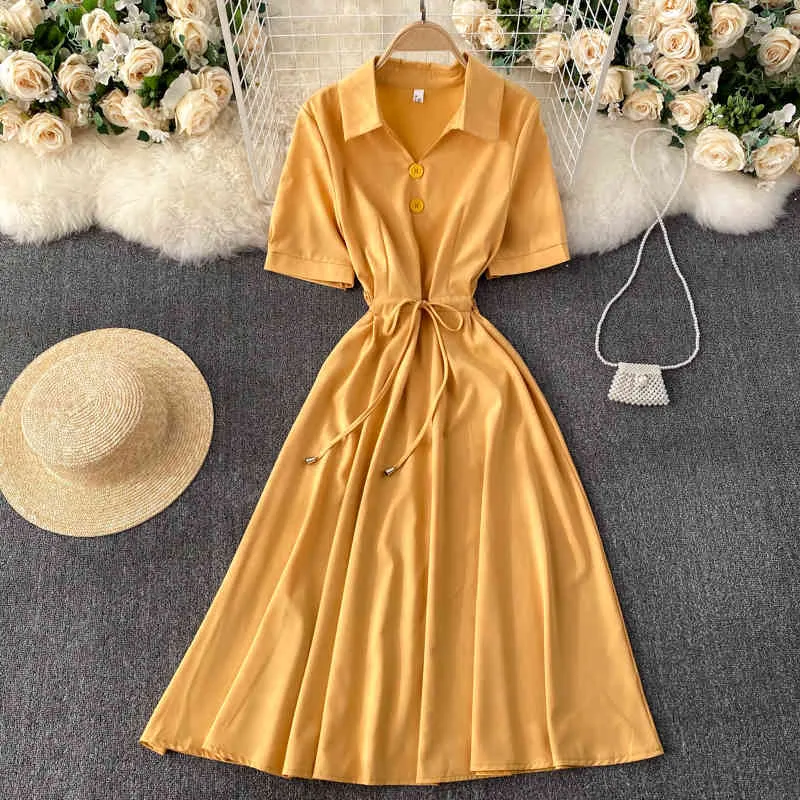 Singreiny Solid Office Drake Dress Mode Collier Collier Courti-Down manches courtes Robes Midi Summer Corean Cordstring A Robe de ligne 210419
