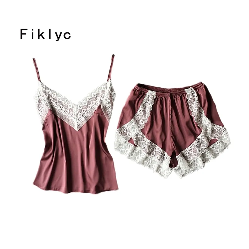 Fiklyc pigiama da donna sexy in pizzo patchwork in raso di marca set pigiama senza maniche estivo set homewear beauty nightwear articolo da regalo 210330