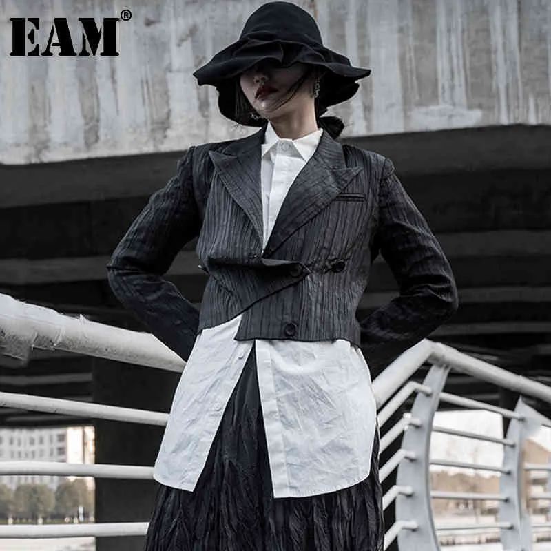 [Eam] mulheres preta pleixed bolso casual blazer lapela manga longa solta apto jaqueta moda primavera verão 1d6202 21512