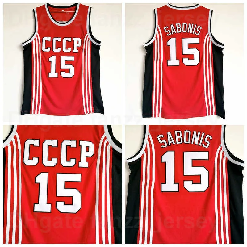 Hoog / top CCCP Team Rusland Basketbal 15 Arvydas Sabonis Jersey Mannen Ademend Puur katoen voor Sportfans Shirt Kleur Rood Uitstekende Kwaliteit