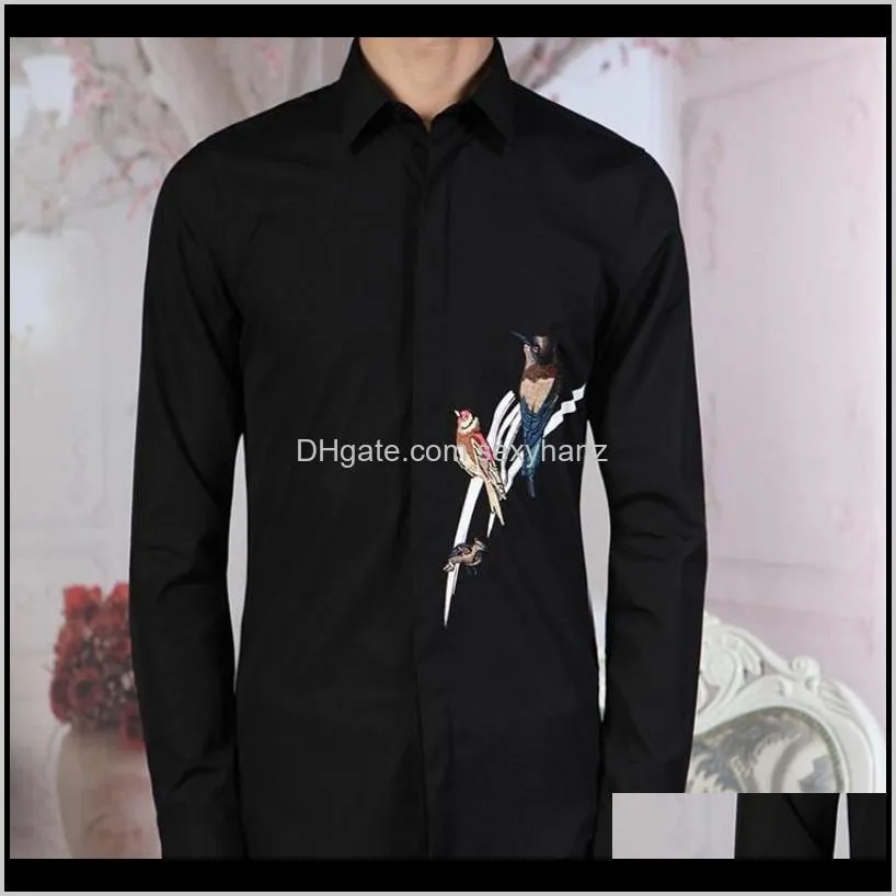 new mens birds embroidery office work formal shirt white black plus size wedding dress shirts man spring cotton long sleeve top