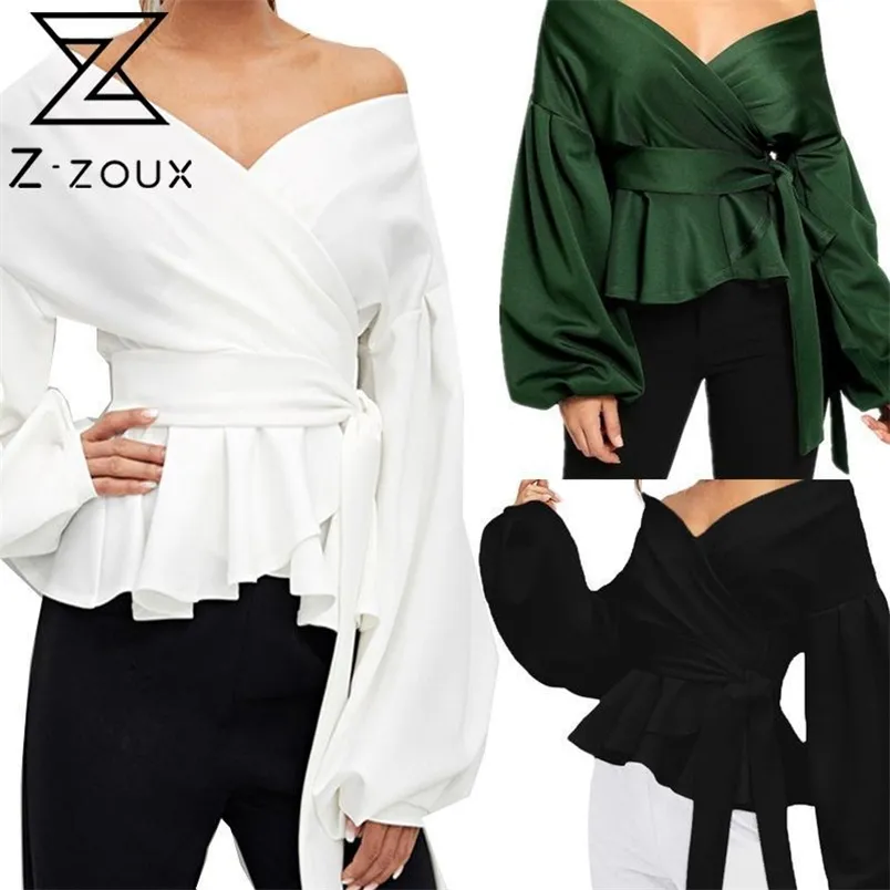 Mulheres Blusa V Neck Lanterna Sleeve Camisas Bow Bandage Vintage Solta Sexy Branco Camisa Fashion Ladies Tops 210513