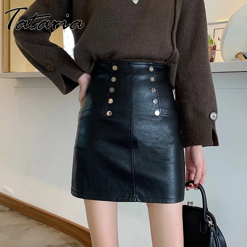 Femmes PU cuir Mini jupe A-ligne printemps automne décontracté Streetwear taille haute Double boutonnage jupes courtes mode 210514