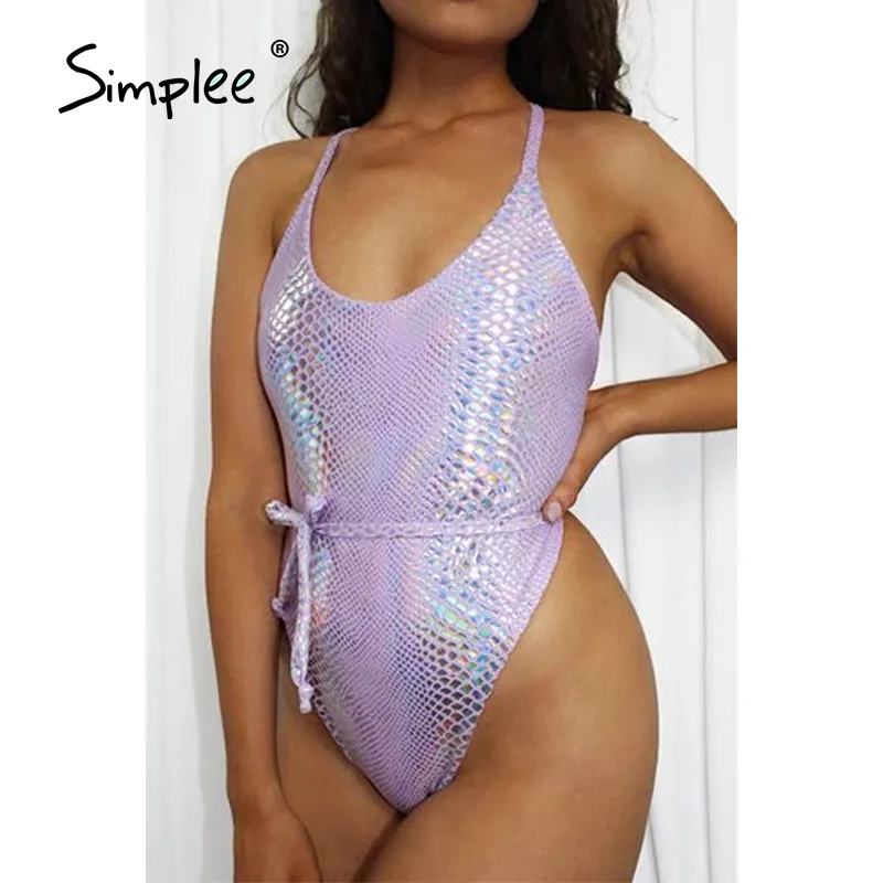 Shiny Swimwear Kobieta Lace Up Monokini Sexy Bathing Brazylijski Body Kostium Pływać Snakeskin One Piece Swimsuit 210414