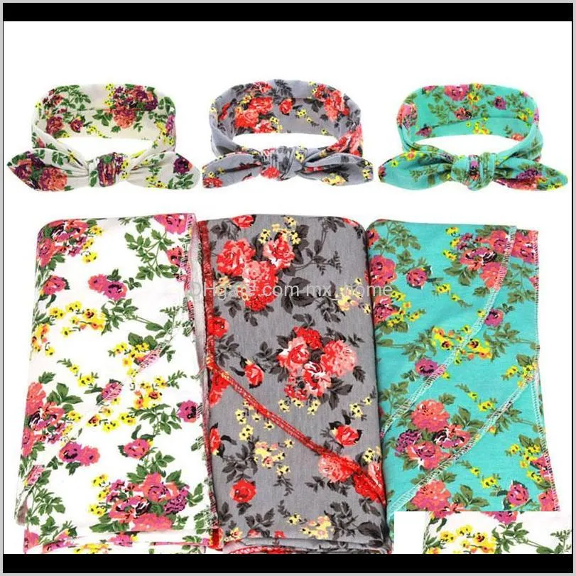 newborn baby swaddle wrap blanket set infant kids flower floral print cloth knot bow cap headbands shipping