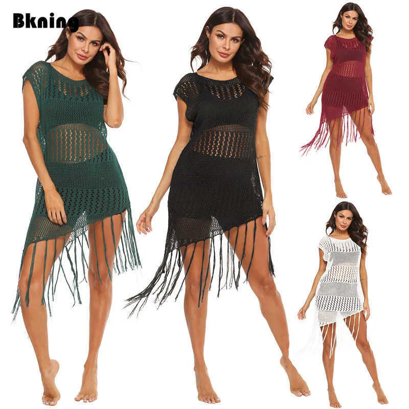 Kobiety Plaża Cover Up Duże sukienki Długie Tassel Tunika Kostium Kąpielowy Coverups Wrap Czarny Swim Summer Dress 2021 Plus Size S-XL X0726