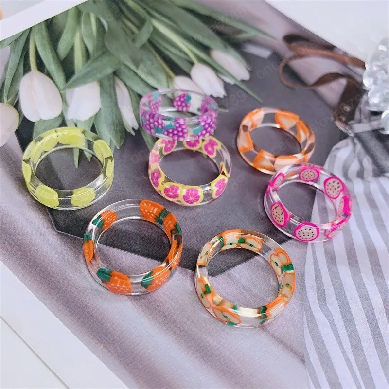 Transparent Resin Colorful Ring Summer Refreshing Fruit Grape Strawberry Geometric Rings for Women Girls Jewelry 2021