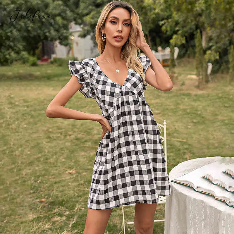 Summer V-Neck Tunic gingham dress for Women - Black, Red, Blue Plaid, and Ruffles Short Sleeve Sundress for Beach Party and Sun - Style 210415 Summer V-Neck Tunic gingham dress for Women - Black, Red, Blue Plaid, and Ruffles Short Sleeve Sundress for Beach Party and Sun - Style 210415