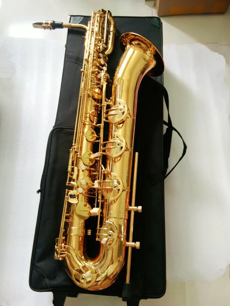 Real Shot Brand Professional Baritone Saxophone Gold Lacquer E плоские музыкальные инструменты с корпусом и мундштуком Бесплатный корабль