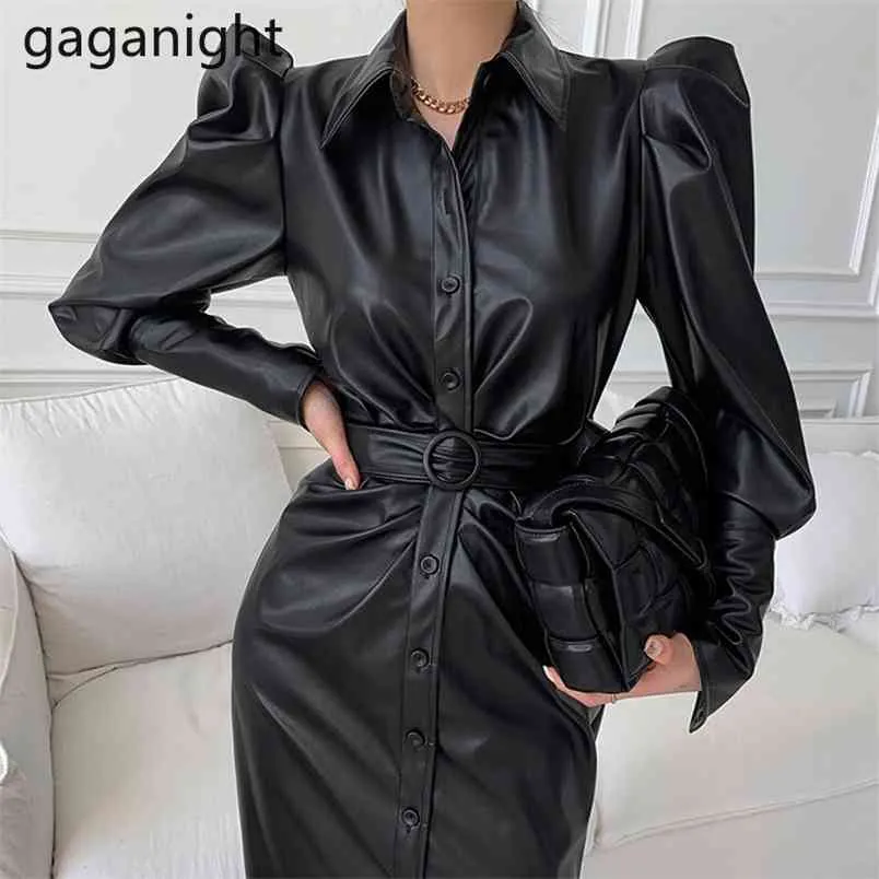 Maxi abito da donna in pelle PU manica lunga monopetto chic coreano Office Lady Split Party Vintage Slim Vestido 210601