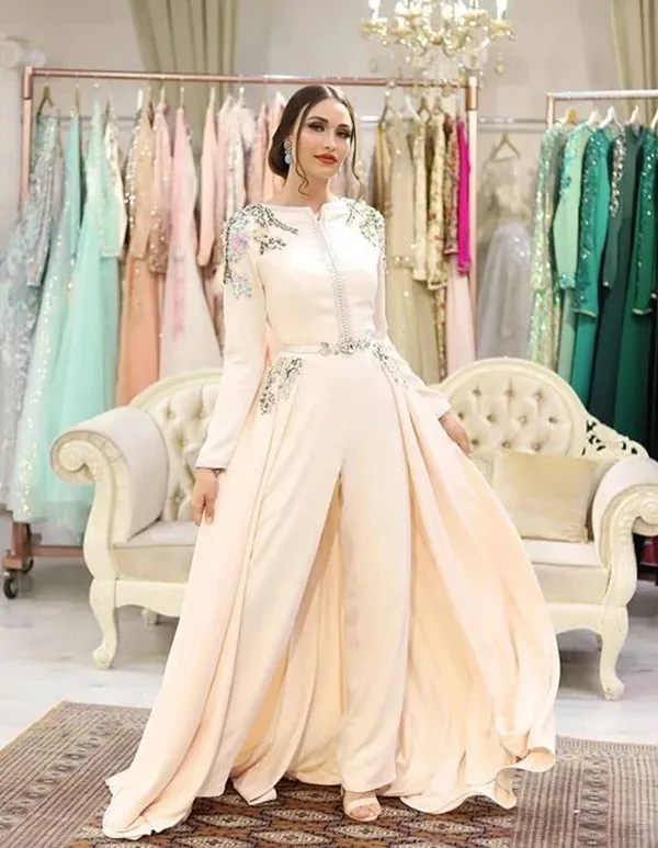 Luxury Embroidery Evening Jumpsuit With Train 2022 Muslim Arabic Dubai Abaya Kaftan Occasion Prom Dress with Pant Suit