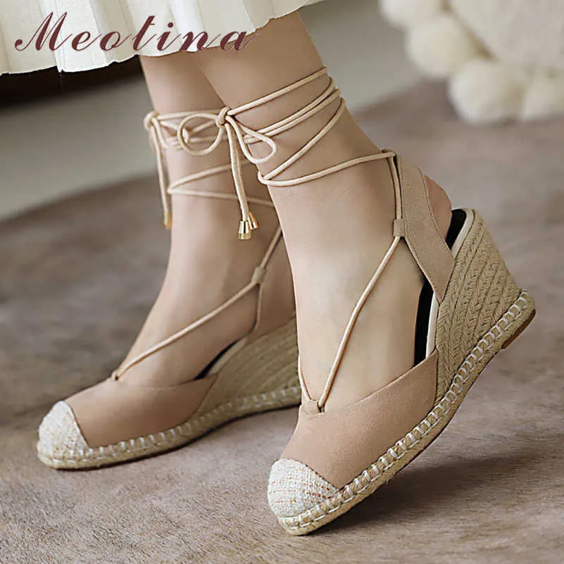 Meotina Damenschuhe Cross Strap Espadrille Sandalen Wedges High Heel Sandalen Round Toe Damenschuhe Sommer Braun Größe 33-44 210608