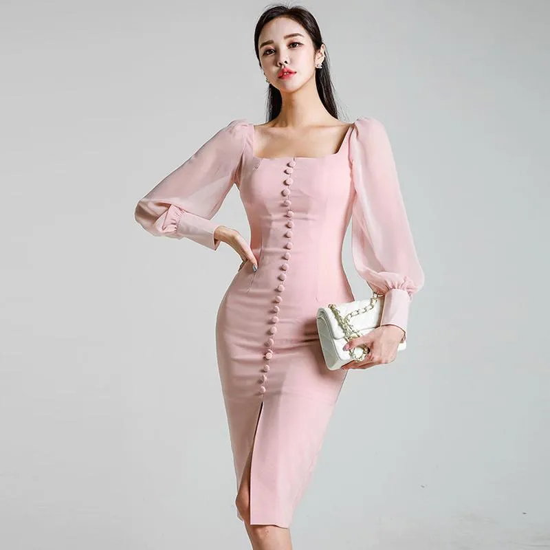 Casual klänningar mode kvinnor rosa slank penna klänning ankomst kontor dam sexig puff ärm elegant fyrkantig krage solid färg formell