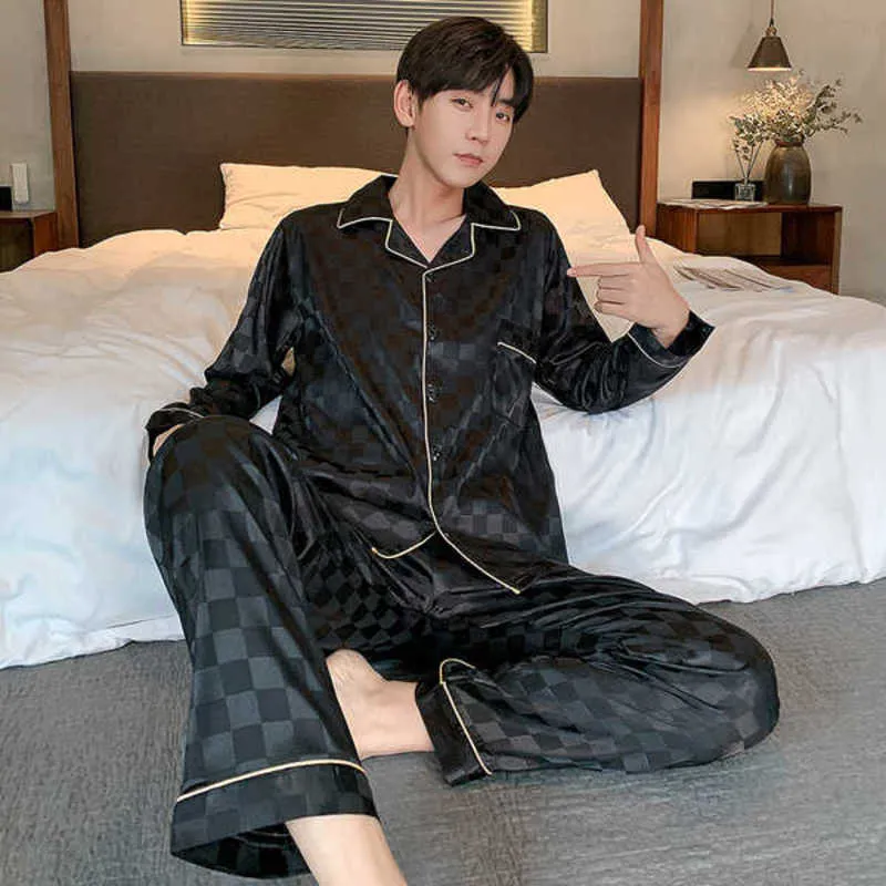 Autumn Men's Trousers Pajamas Suit Plaid High Quality Silk Home Clothes Two-piece Suit for Men Luxury Pajamas for Sleep 210928