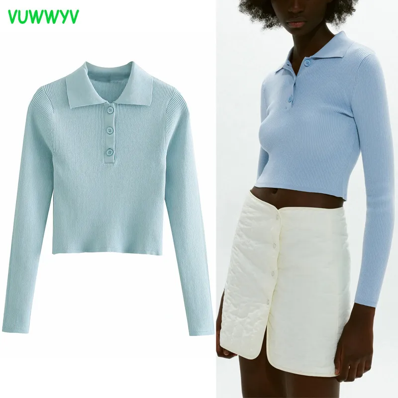 VUWWYV Spring Blue Cropped Slim Pull Femmes Mode High Street Knit Sweaters Femme À Manches Longues Polo Col Pull 210430