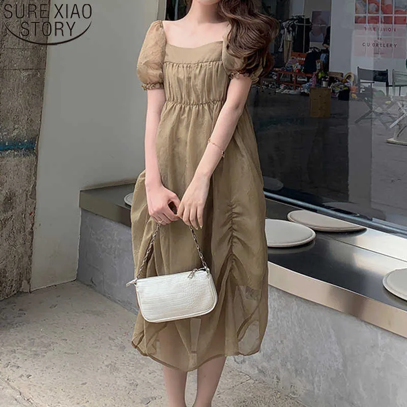 Sweet Square Collar Dress Good Quality Summer Women Dress Short Puff Sleeve French Style Midi Long Dress Vestidos 14104 210528