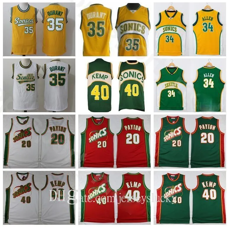 남자 Shawn Kemp 저지 Gary Payton Kevin Durant Ray Allen 스티치 그린 옐로우 화이트 레드 홈 어웨이 통기성 농구 저지