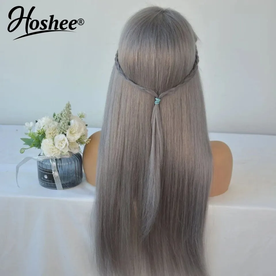 女性用合成グレー/ダークブルー ストレートウィッグ 透明レース