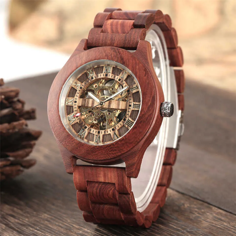 Luxe rood hout horloge mechanische zelf kronkelen houten horloges creatieve unieke automatische uurwerk mannen horloge reloj masculino q0902