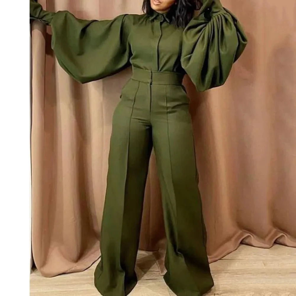 Herfst Jumpsuits voor Dames Volledige Lantaarn Mouw Hoge Taille Turn Down Kraag Mode Elegante Lange Rompertjes