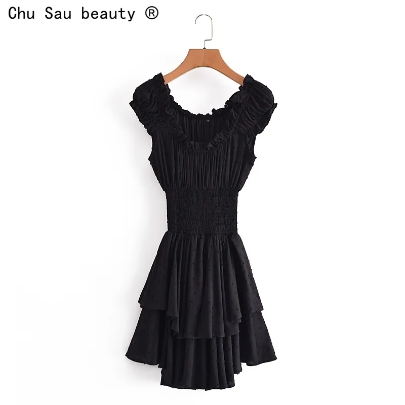 Chic Sexy Slash Wee Piate летние женские нерегулярные raffled эластичная юбка черное платье мода женщина 210514