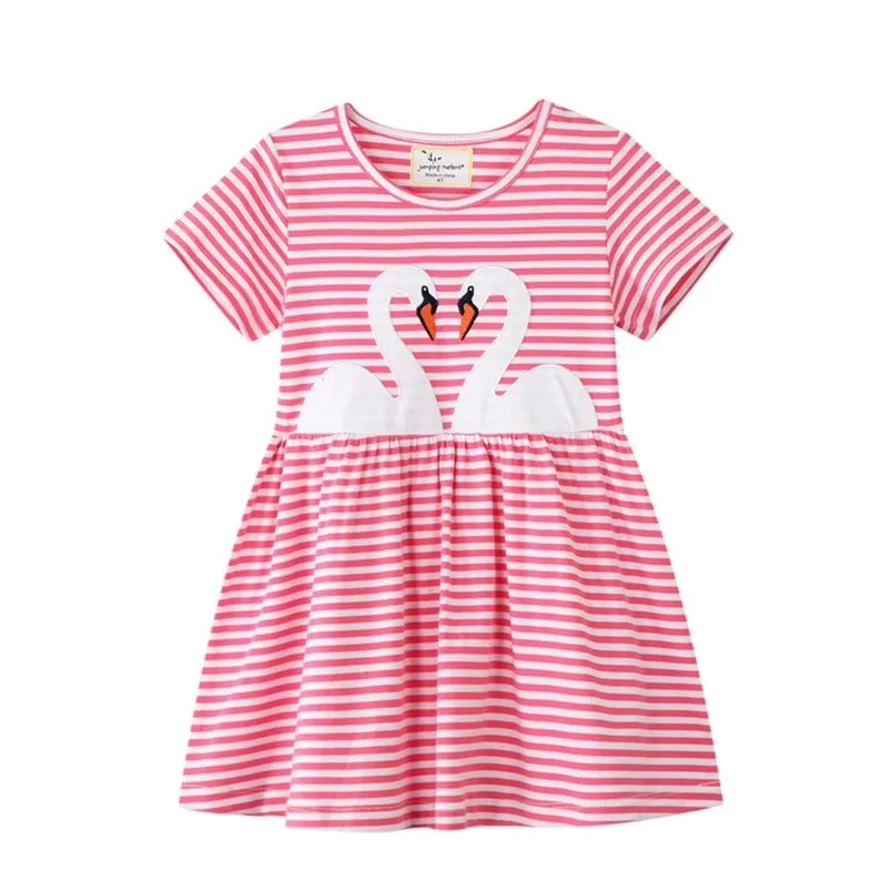 Jumping Meters Animals Applique Girls Dresses for Summer Baby Cotton Stripe Clothing Party Cute Kids Dress 210529