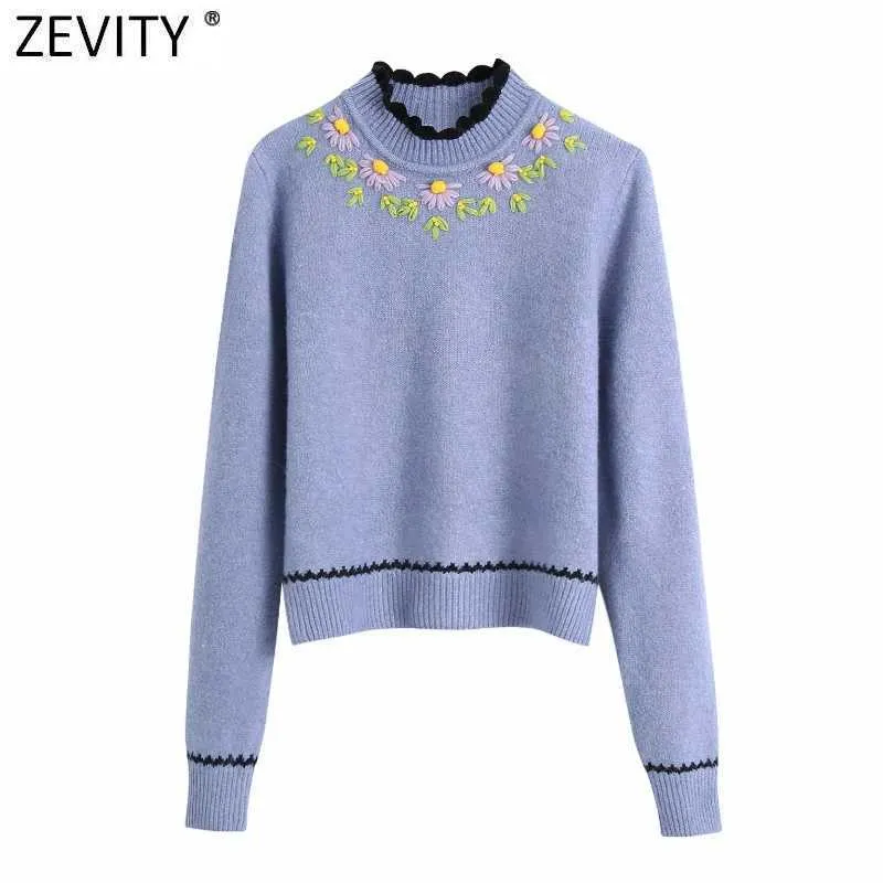 Zevity女性のファッションレースのかぎ針編みの花のアップリケカジュアルな編み物セーターフェムメシックな長袖刺繍プルオーバートップスS575 210603