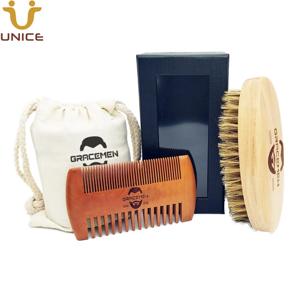 MOQ 100 Set LOGO personalizzato OEM Kit per la cura della barba in legno per capelli con scatola per borsa per uomo Set di spazzole per baffi e pettine a doppia faccia