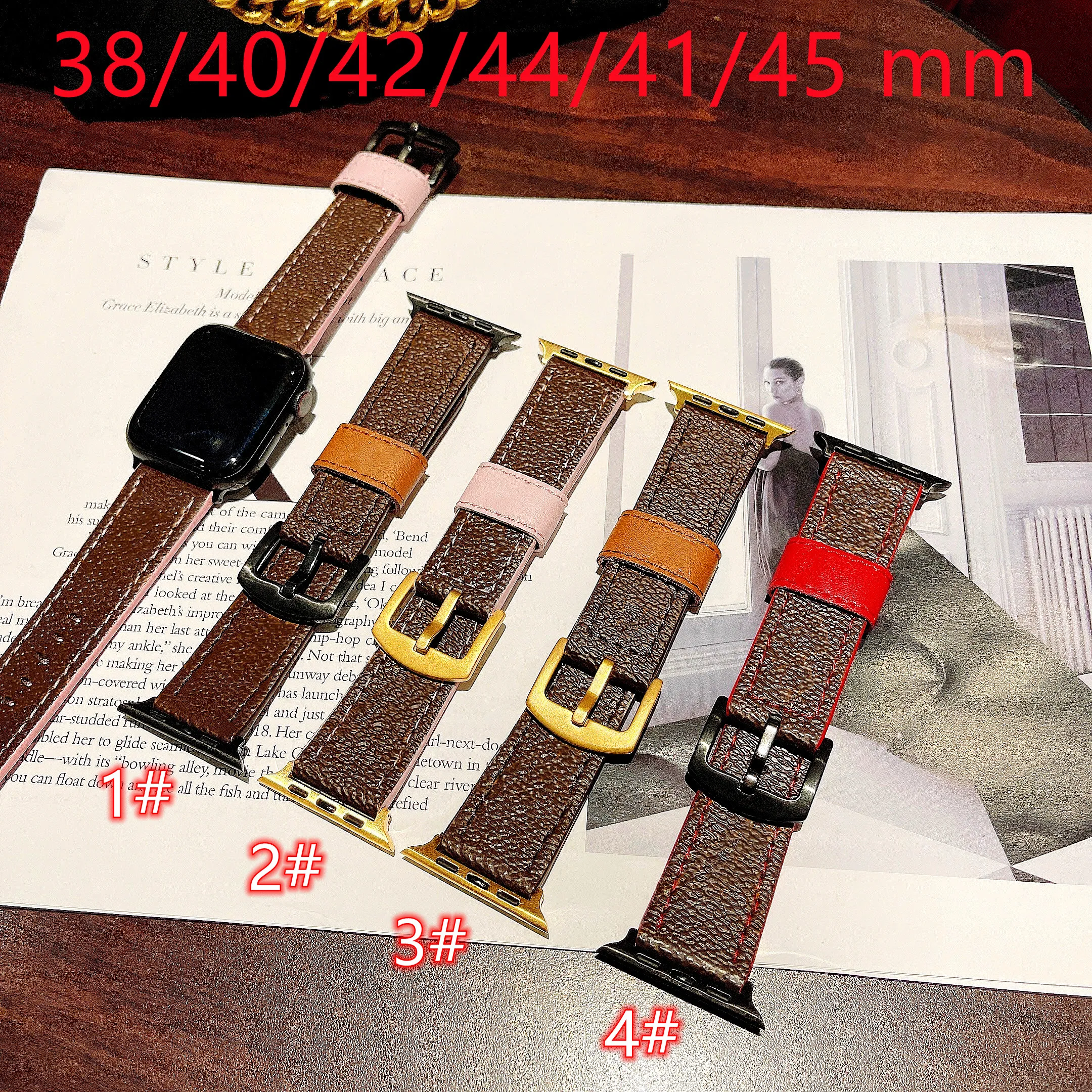 Apple Iwatch 스트랩 시리즈 7 SE 3 4 5 6 38mm 44mm 45mm 45mm 골드 럭셔리 진정한 가죽 손목 대역 여성 남성 Watchstraps 할로윈 선물