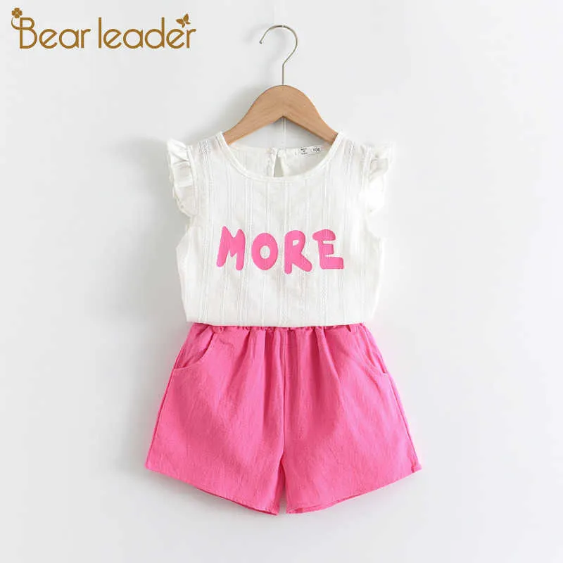 Bear Leader Girls Casual Summer Kläder Satser Mode Barn Letter Print Vest och Shorts Outfits 2pcs Kids Söt kostym 3-7y 210708