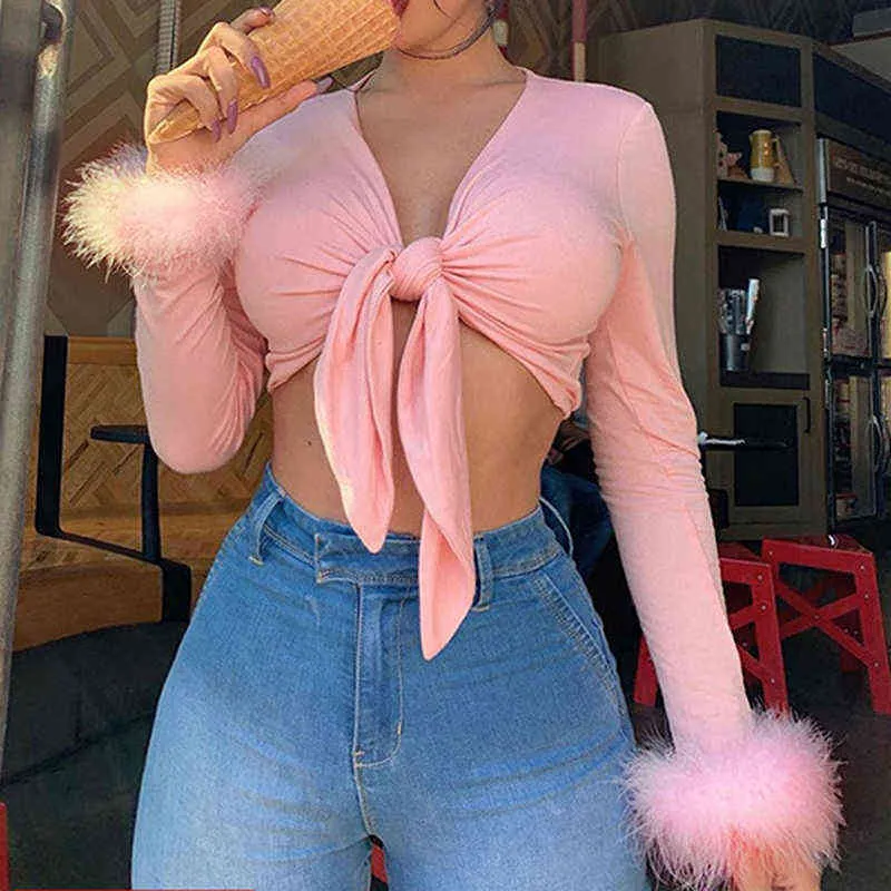 Gaoke Pink V-образным вырезом Сексуальная женская рубашка передние Bandgae кружева с длинным рукавом лоскутное перья милые обрезанные тощие осени короткие вершины G220228