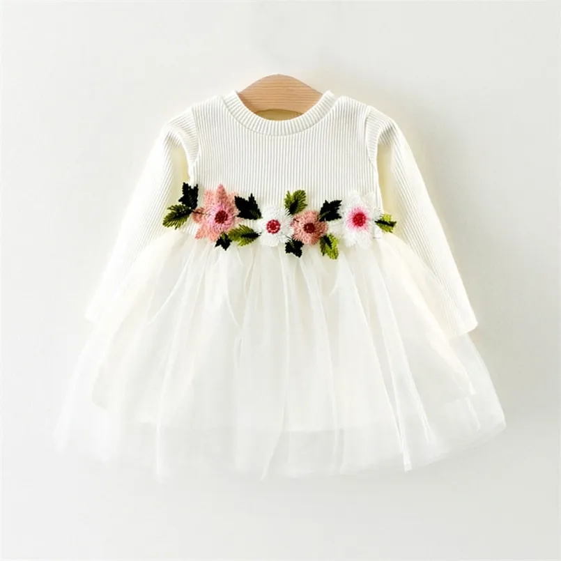 아기와 유아 소녀를위한 꽃 장식 허리와 저지 코튼 긴 소매 투투 드레스 210528